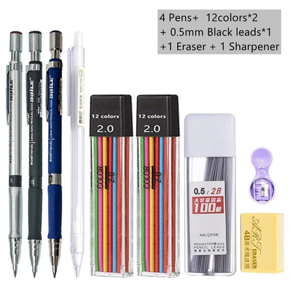 2.0mm Mechanical Pencil Set with 2B Black & Color Lead Refills – Automatic Pencil for Sketching, Drawing & Writing