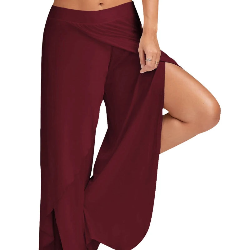Women’s Plus Size Wide Leg Yoga Pants – Loose Fit Split Hem Dance & Fitness Trousers Elastic Waist Casual Summer Workout Wear