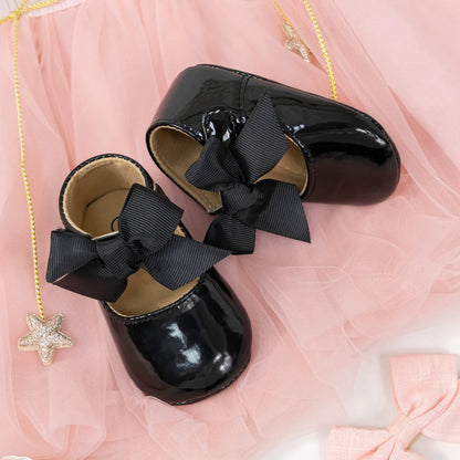 Meckior Baby Girl Shoes – Bowknot PU Ballet Slippers with Rubber Anti-Slip Sole, First Walker Toddler Crib Dress Shoes