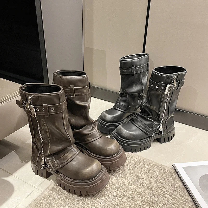 2023 New Women's Mid-Calf Boots – Fashion Belt Buckle, Side Zipper, Round Toe, High Quality