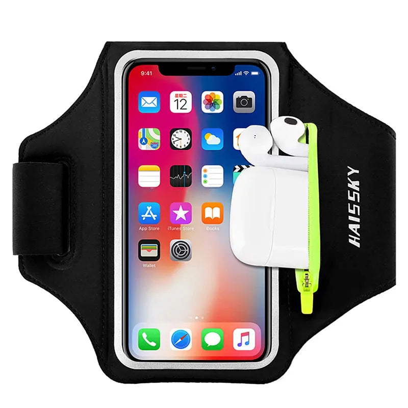 HAISSKY Running Sport Armbands for iPhone 15 14 13 12 11 Pro Max, 14 Plus, Samsung S23 Ultra - Zipper Arm Bag Case for AirPods Pro 3