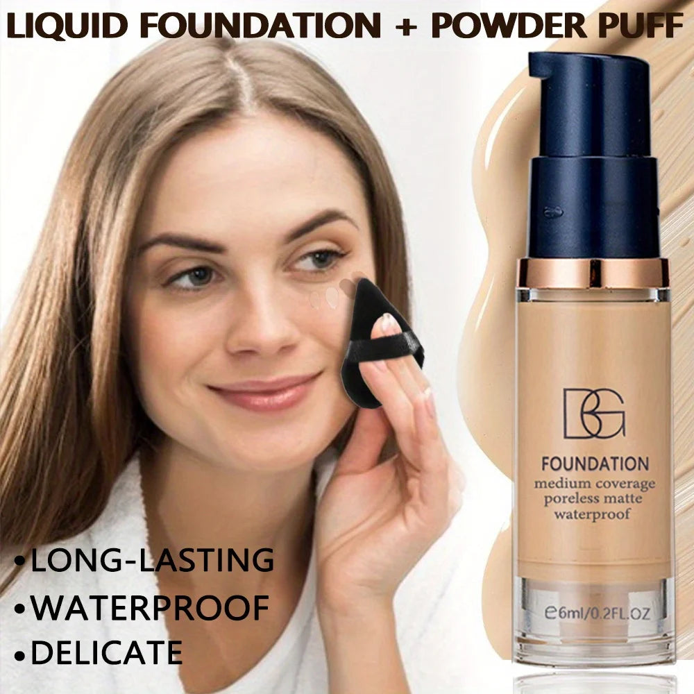 2PCS Waterproof Liquid Foundation Set - Matte Full Coverage Makeup with Black Triangle Powder Puff for Flawless Finish