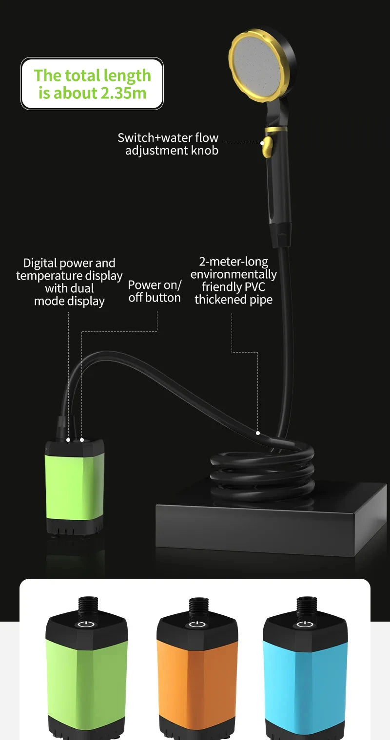 Portable Camping Shower Pump – RV & Outdoor Shower Kit with 6000mAh Battery, Full-Screen Digital Display, Adjustable Flow