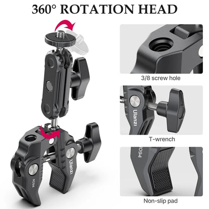 Ulanzi R094 Metal Super Clamp with 360° Ball Head Magic Arm, 1/4" & 3/8" Holes for DSLR Camera, Monitor, Light, Mic, and Rod Mount
