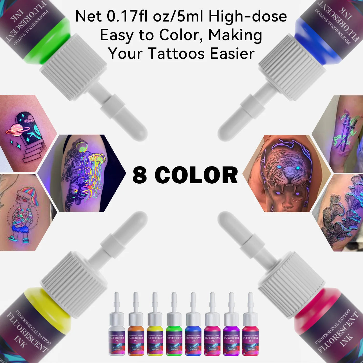 DM 8PCS 5ml Fluorescent Tattoo Ink Set – Professional Glow Tattoo Pigments for Body Art Painting & Tattoo Supplies Kit
