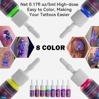 DM 8PCS 5ml Fluorescent Tattoo Ink Set – Professional Glow Tattoo Pigments for Body Art Painting & Tattoo Supplies Kit