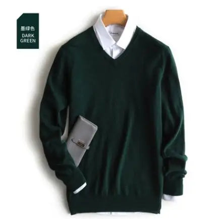 Men’s Classic V-Neck Pullover Sweater – 2024 Autumn Winter Cashmere-Cotton Blend Warm Jumper