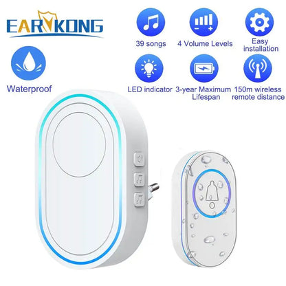 Intelligent Wireless Doorbell – Waterproof Smart Doorbell with 300m Remote Range, EU/UK/US Plug Options, Home Welcome Chime
