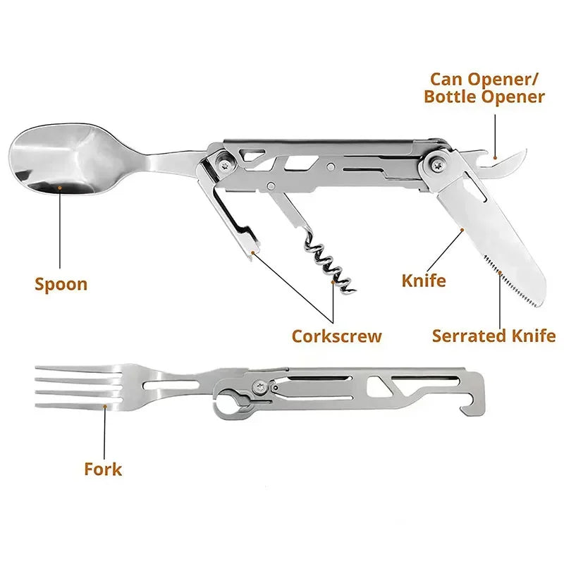 Folding Camping Cutlery Set – Multi-Function Portable Knife, Spoon, Fork, Bottle & Can Opener for Picnic & Outdoor Equipment