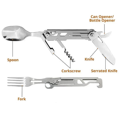 Folding Camping Cutlery Set – Multi-Function Portable Knife, Spoon, Fork, Bottle & Can Opener for Picnic & Outdoor Equipment