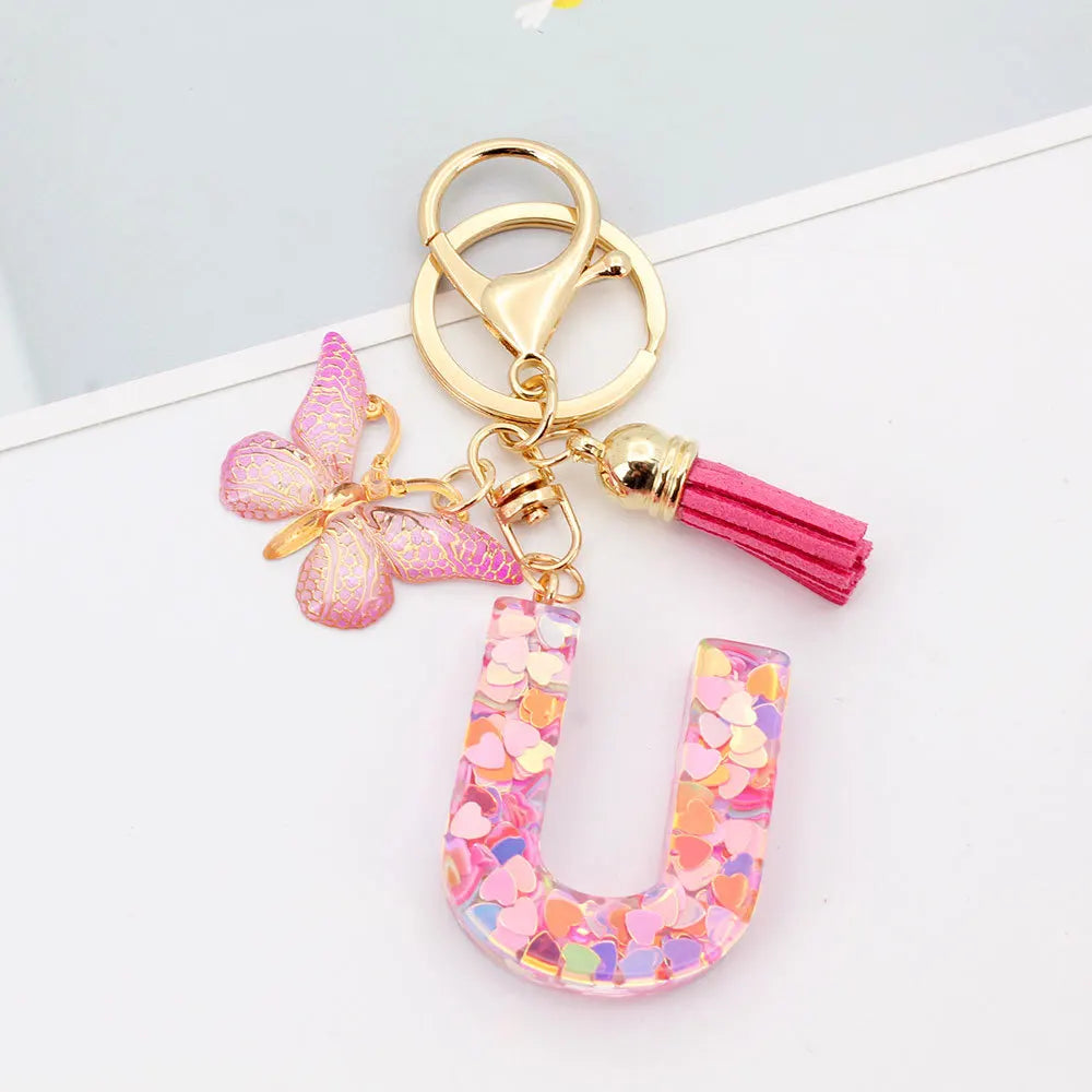 A-Z Letter Acrylic Keychain - Pink Butterfly Tassel Bag Charm & Key Ring