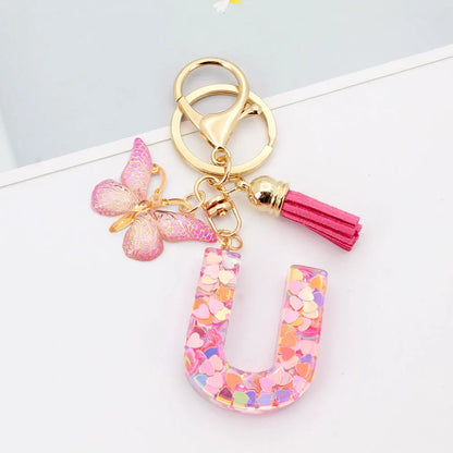 A-Z Letter Acrylic Keychain - Pink Butterfly Tassel Bag Charm & Key Ring
