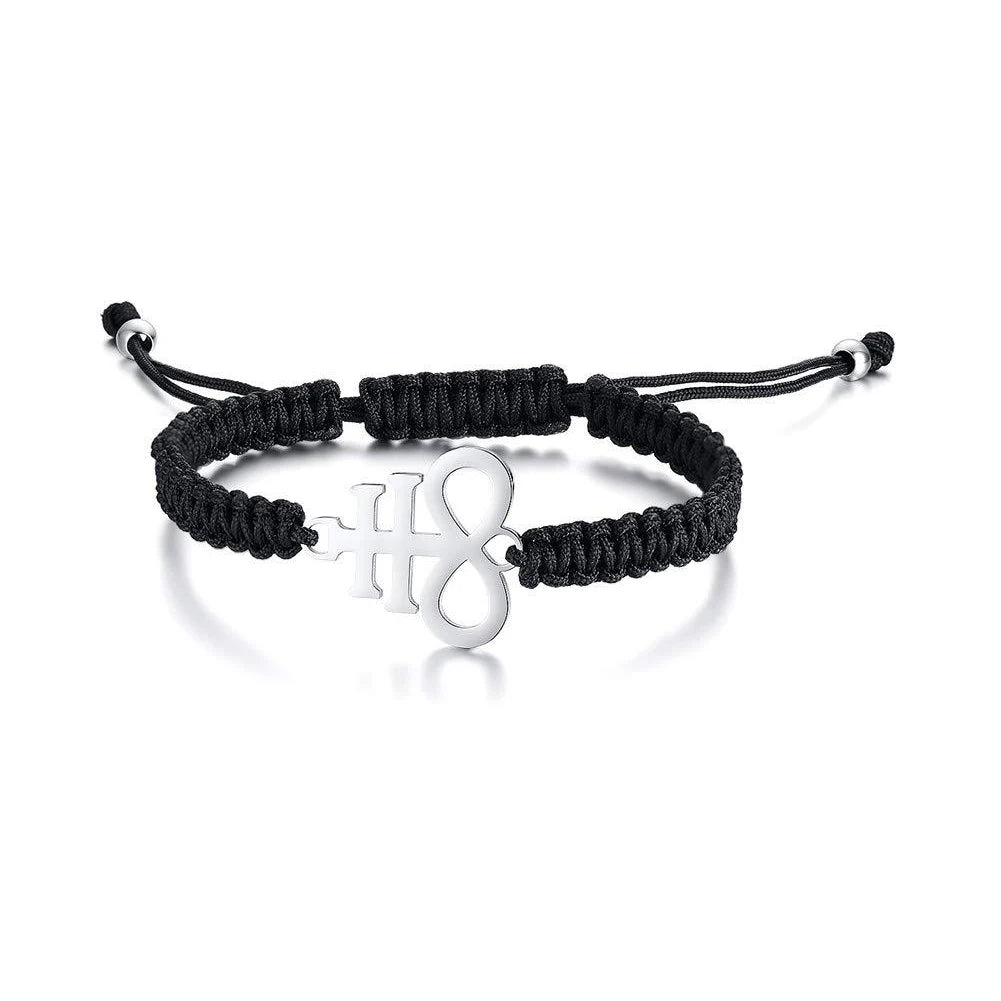 Leviathan Cross Woven Bracelet - Stainless Steel Satanic Style Totem Black Adjustable Knot Wrist Jewelry