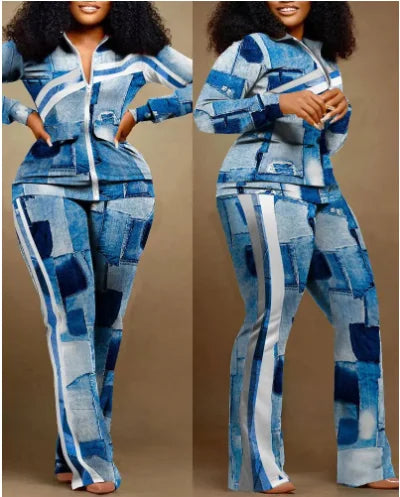 Women’s 2023 Autumn Two-Piece Set – Geometric Print Stand Collar Zip-Up Top & Casual Sporty Pants