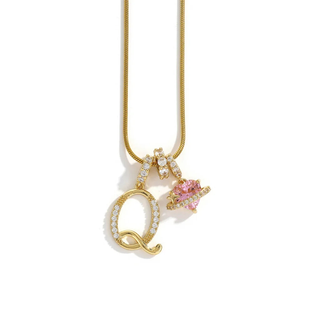 Gold Zircon Flower Letter Necklace - A-Z Alphabet Pendant Jewelry Gift for Women