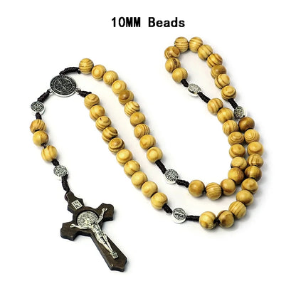 Catholic Wooden Beaded Rosary Necklace – INRI Crucifix Cross Pendant Long Chain Christian Prayer Jewelry for Men & Women