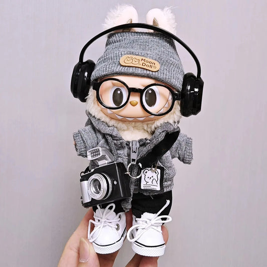 Labubu 15cm/17cm Universal Hoodie Set – Gray Trendy Outfit with Camera, Glasses, Headphones & Canvas Shoes (Series 1-3 Compatible)