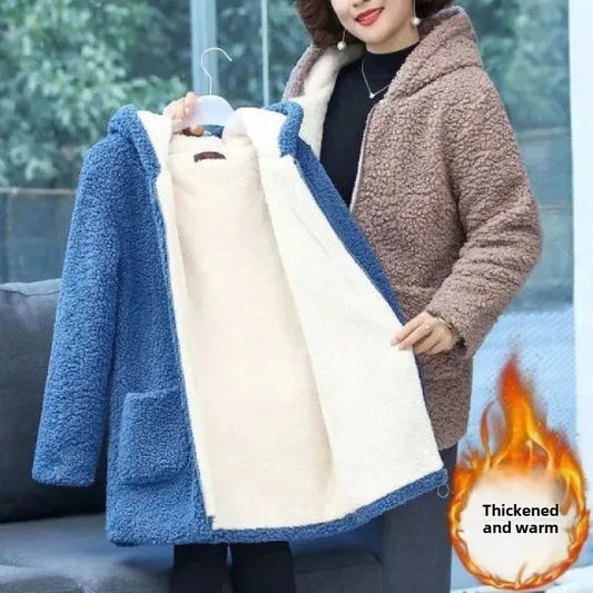 Women’s Thickened Hooded Cotton Jacket – Fleece-Lined Winter Coat, Warm Mommy-Style Outerwear by AE Stock