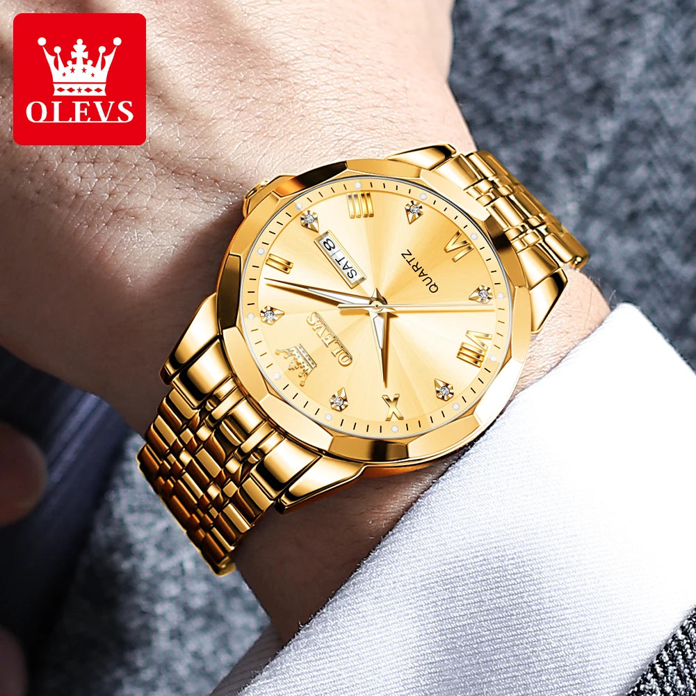 OLEVS Men's Gold Quartz Wristwatch – Waterproof Luminous, Rhombus Mirror with Date and Week, Luxury Dress Watch