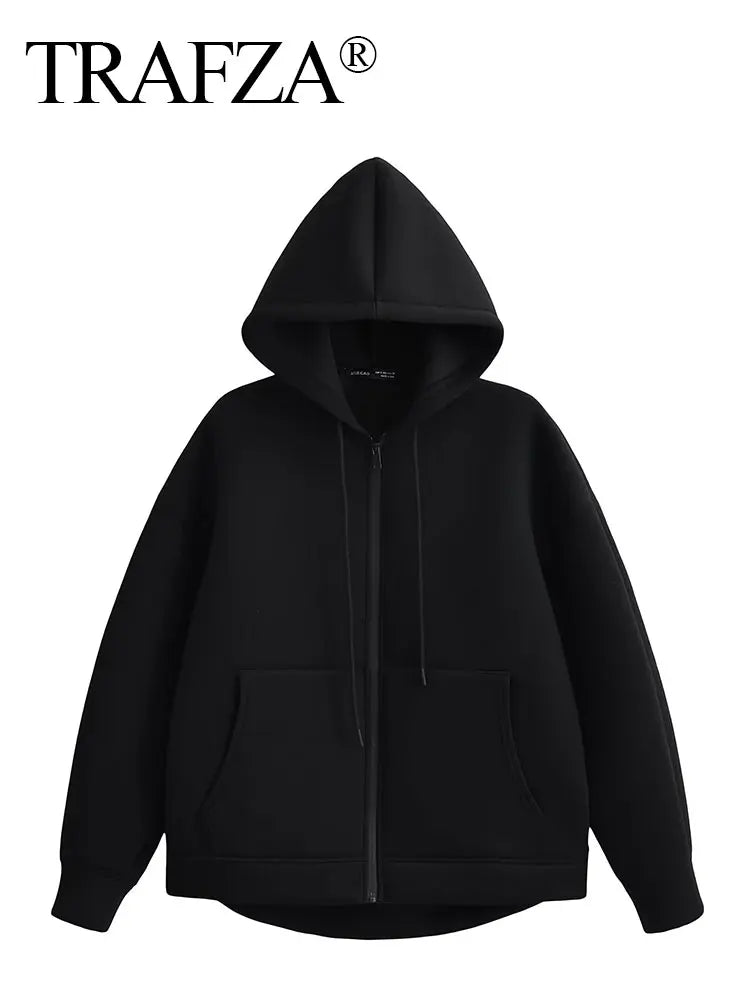TRAFZA Autumn Women's Gray Jacket – Hooded, Long Sleeve, Zipper Coat with Big Pockets, Loose Casual Outerwear Tops