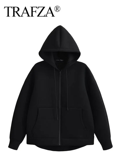 TRAFZA Autumn Women's Gray Jacket – Hooded, Long Sleeve, Zipper Coat with Big Pockets, Loose Casual Outerwear Tops