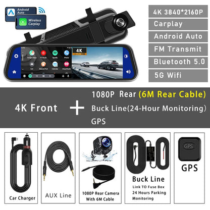 10" 4K Dash Cam Car DVR – 3840x2160P, CarPlay, Android Auto, GPS, 5G WiFi, AUX, Rearview Mirror Dash Camera, FM Recorder