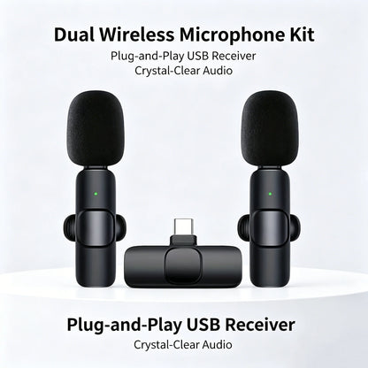 Mini Type-C Wireless Lavalier Microphone - Dual Person Noise Cancelling Audio Mic System for Recording & Streaming