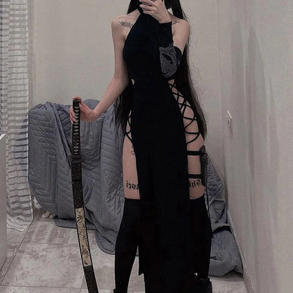 Gothic Dark Cosplay Dress – High Split Y2K Bandage Halter Slim Midi Black Grunge Partywear
