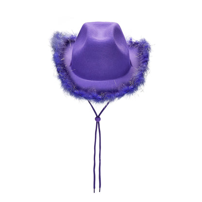 Women's Cowboy Hat – Wide Brim Solid Color with Furry Trim for Parties & Outings