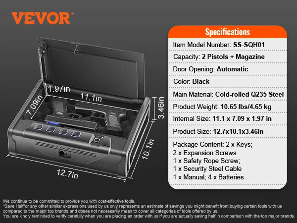 VEVOR Pistol Safe - Q235 Steel Biometric Quick-Access Firearm Lock Box for Secure Storage & Travel