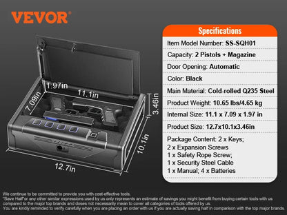 VEVOR Pistol Safe - Q235 Steel Biometric Quick-Access Firearm Lock Box for Secure Storage & Travel