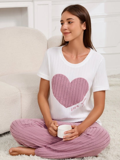 Women’s Heart Print Pajama Set – Short Sleeve Top & Pants Two-Piece Loungewear