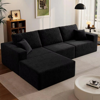 139" Cloud Sectional Sofa – Deep Seat Modular L-Shape Corduroy Couch, Frameless 4-Seater Living Room Sofa with Left Chaise (Black)