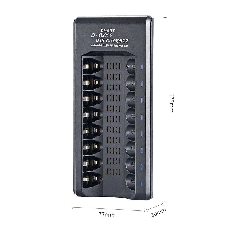8-Slot Fast USB Rechargeable Battery Charger – AA/AAA NiMH 1.2V with Short Circuit Protection & USB Output