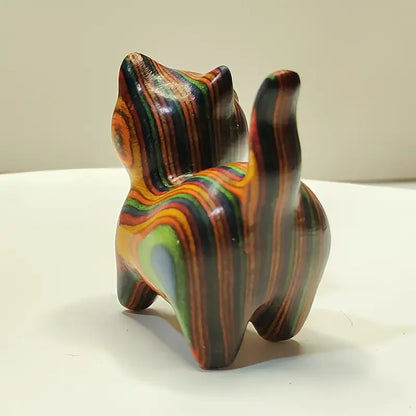 Painted Wooden Kitten Sculpture - Cute Small Cat Statue for Home, Entryway and Festival Decor