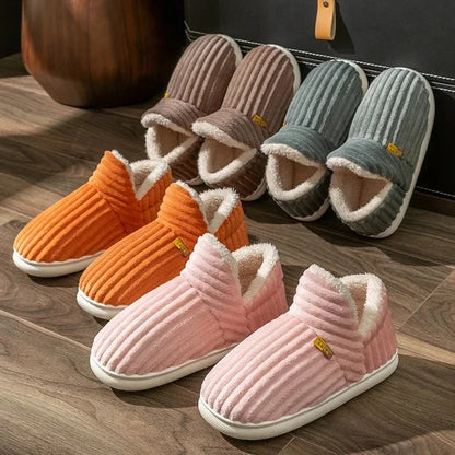 Winter Couple Striped Plush Slippers – Soft Non-Slip Warm Cotton Home Shoes for Men & Women
