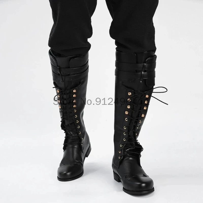 Men’s Medieval Steampunk Boots – Long Black PU Leather Cosplay Shoes for Winter LARP, Pirate, Halloween, Carnival, and Knight Costume
