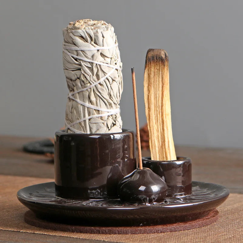 Ceramic Palo Santo Sticks Holder – 4 in 1 Incense Burner, Sage Holder & Ash Catcher Tray for Meditation & Yoga Room