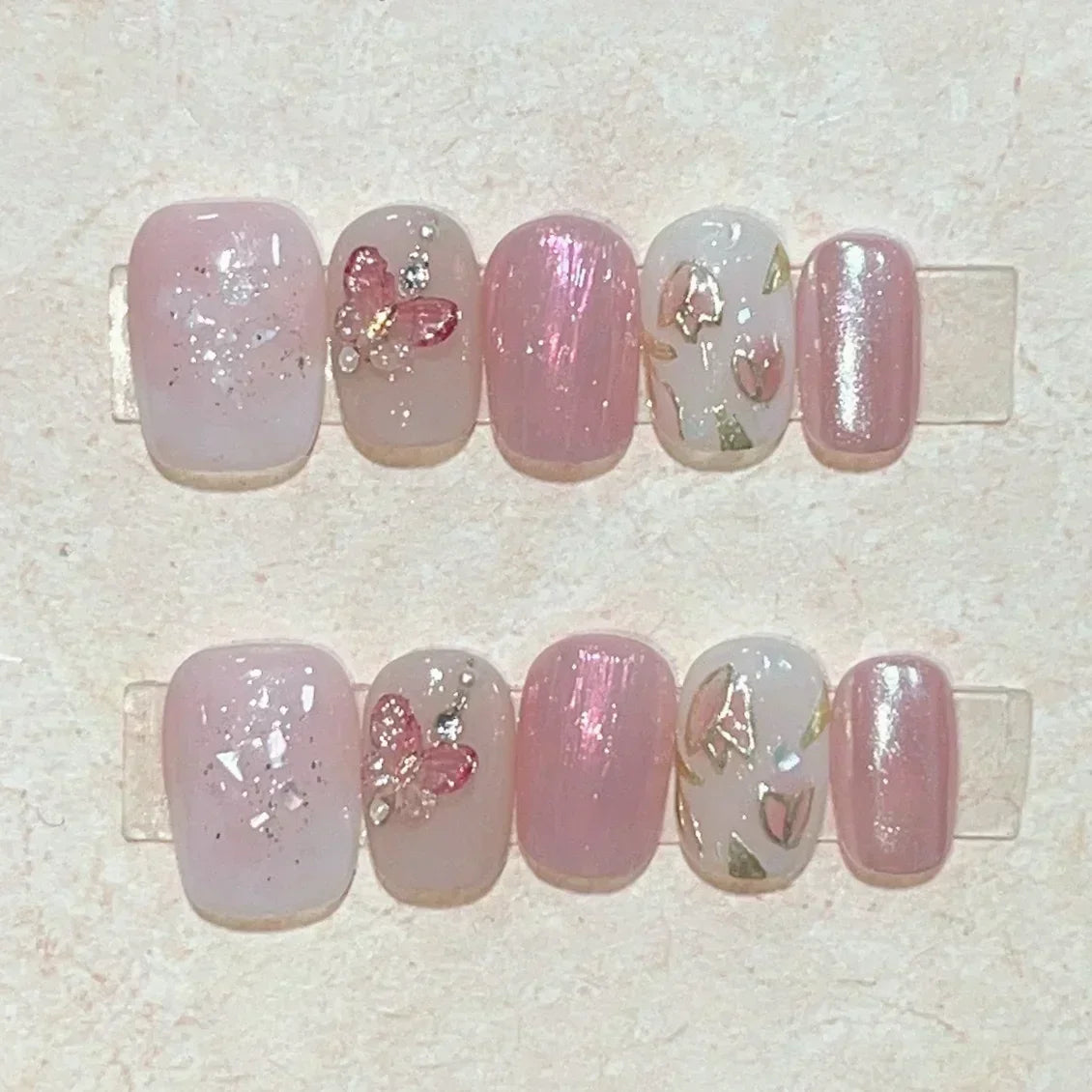 10 Pcs Handmade Short Square Press-On Nails – Full Cover Flower & Cat Eye Ballet False Nails Manicure Tips