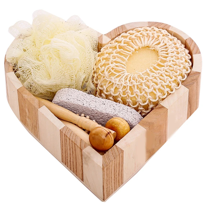 Spa Heart-Shaped Gift Box – Bathing Skin Cleaning Kit for Women with Sisal Bath Flower, Back Scrubber Gloves & Massager