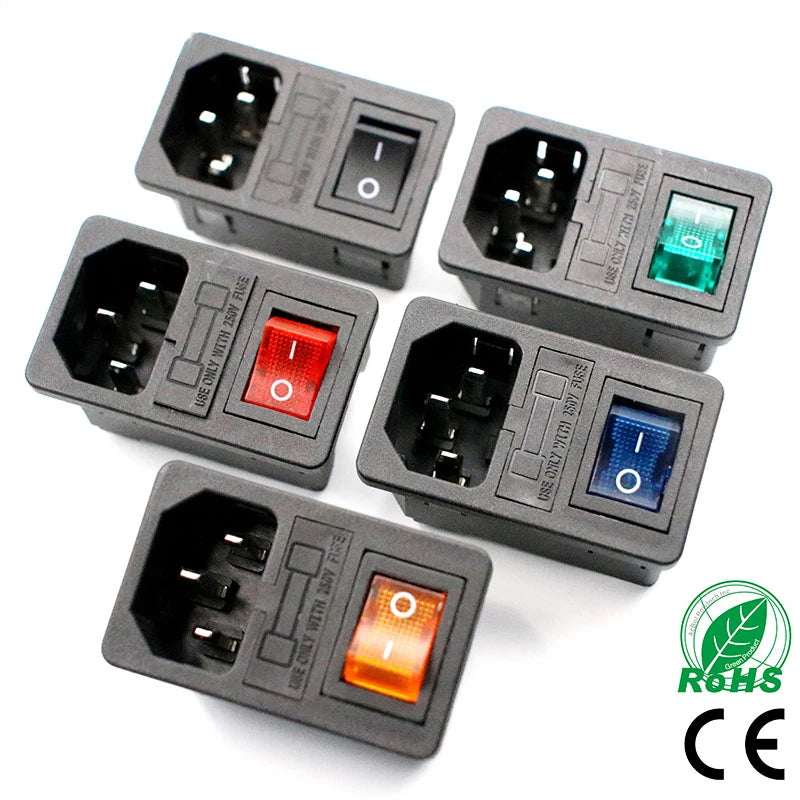 IEC320 C14 Inlet Power Socket – Red Rocker Switch with 10A Fuse, Fused Plug Connector in Red, Green, Blue, Black