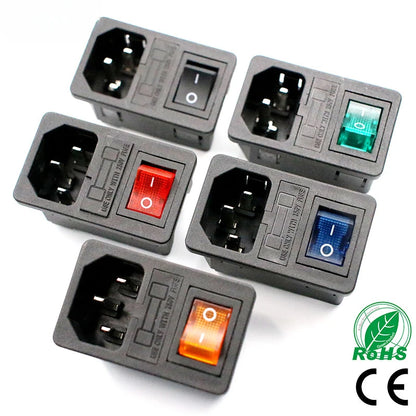 IEC320 C14 Inlet Power Socket – Red Rocker Switch with 10A Fuse, Fused Plug Connector in Red, Green, Blue, Black