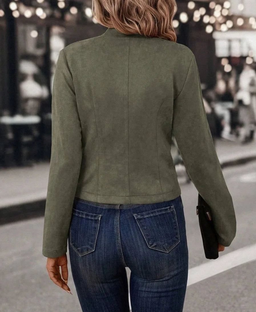 Women's Double-Breasted Blazer Coat – Stand Collar, Slim Fit, Long Sleeves Retro Jacket for Spring & Autumn