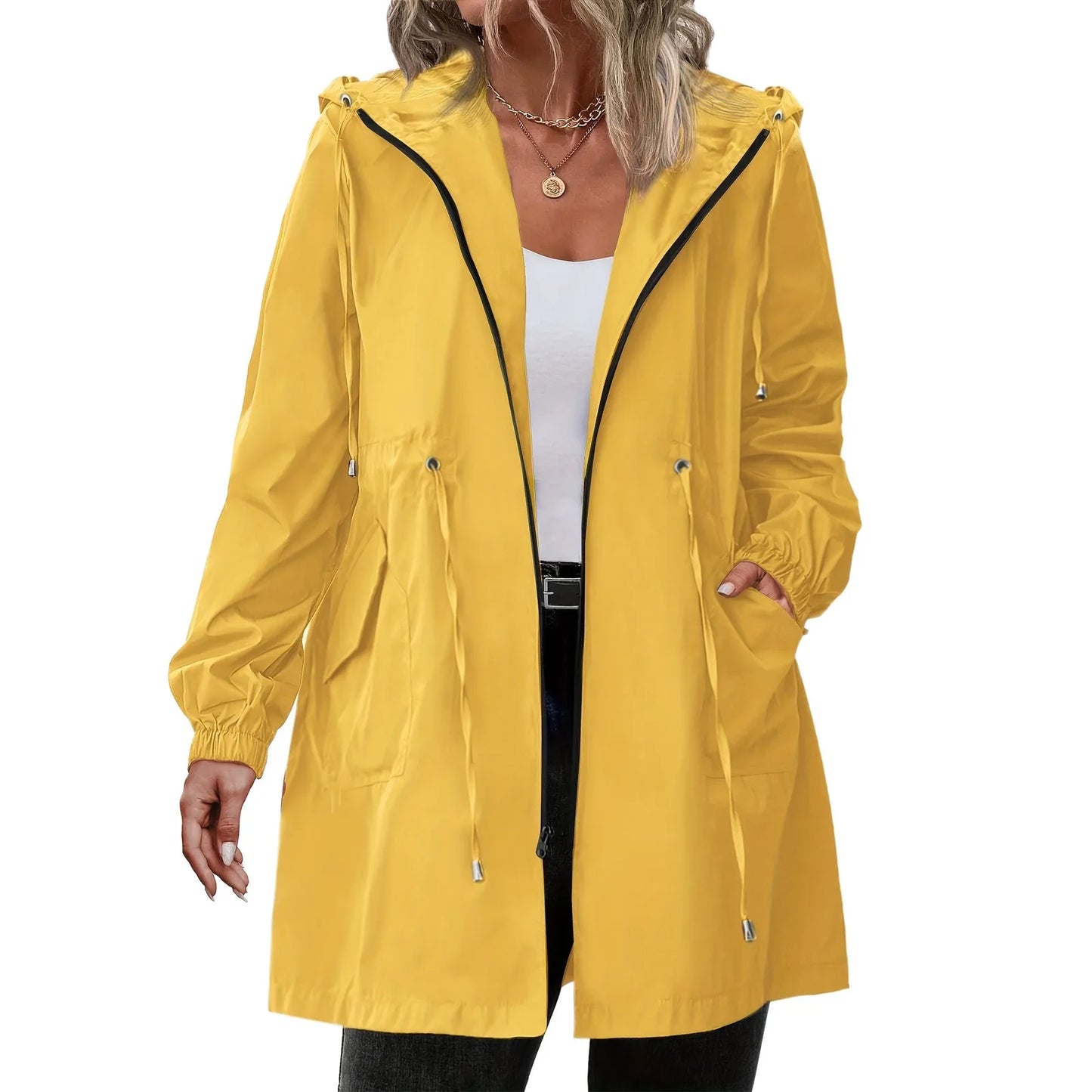 Women’s Hooded Trench Coat - Long Sleeve Mid-Length Windbreaker for Spring & Autumn