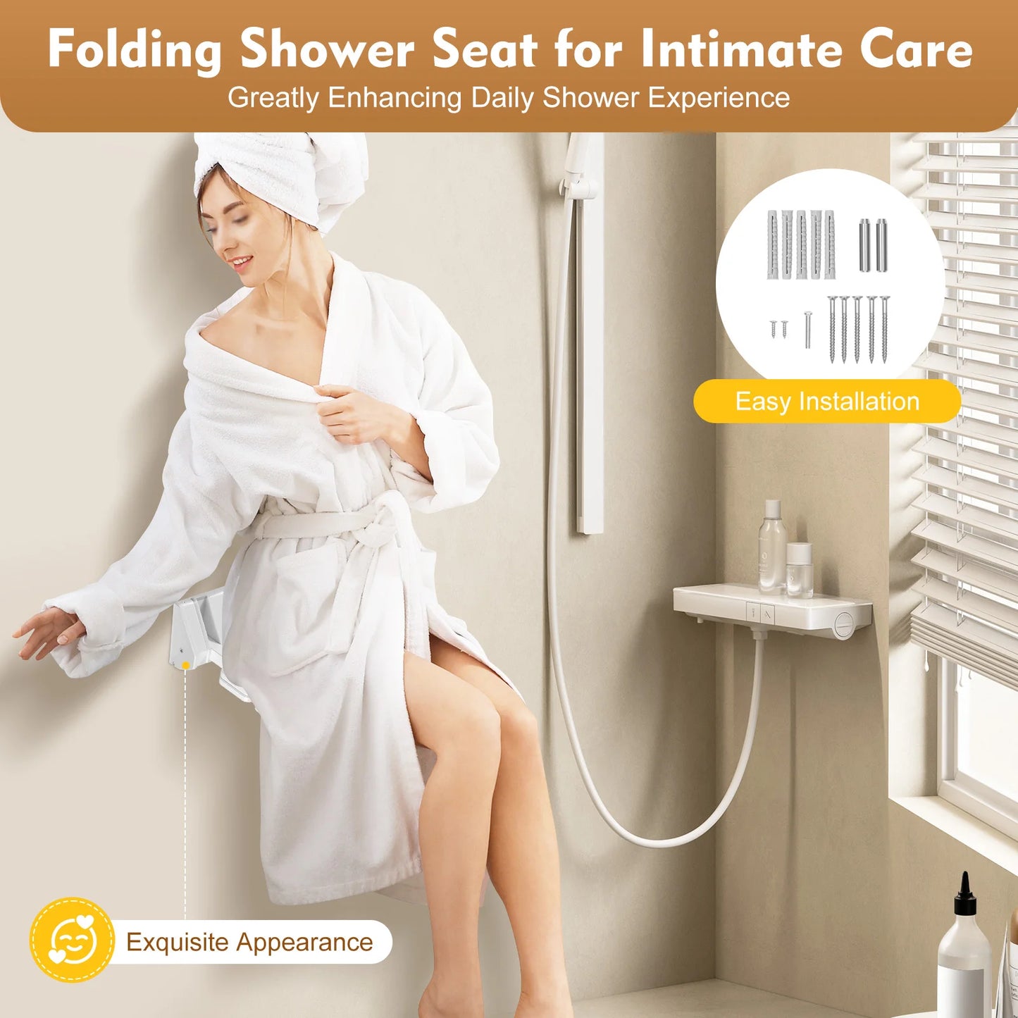 90° Folding Shower Seat – Wall-Mounted Waterproof Bench Stool, White Bathroom & Porch Seat, Supports Up to 130kg, 32×34cm