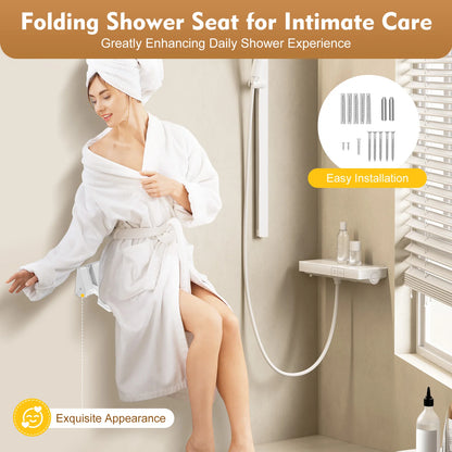90° Folding Shower Seat – Wall-Mounted Waterproof Bench Stool, White Bathroom & Porch Seat, Supports Up to 130kg, 32×34cm