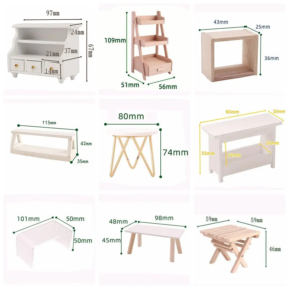 1:12 Scale Dollhouse Furniture - Miniature Teatable, Wood Stool, Flower Rack - Dolls Accessories & Photography Props