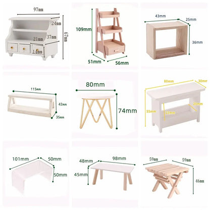 1:12 Scale Dollhouse Furniture - Miniature Teatable, Wood Stool, Flower Rack - Dolls Accessories & Photography Props