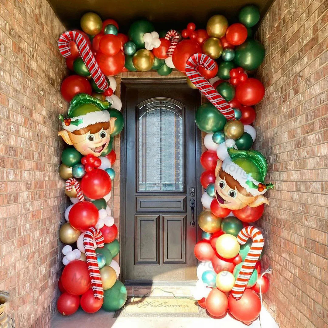 Christmas Balloon Garland Arch – Red & Green Balloons, Star, Santa, and Gift Box Foil Balloons for Xmas and New Year Decoration