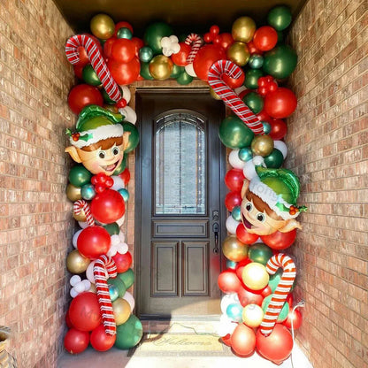 Christmas Balloon Garland Arch – Red & Green Balloons, Star, Santa, and Gift Box Foil Balloons for Xmas and New Year Decoration